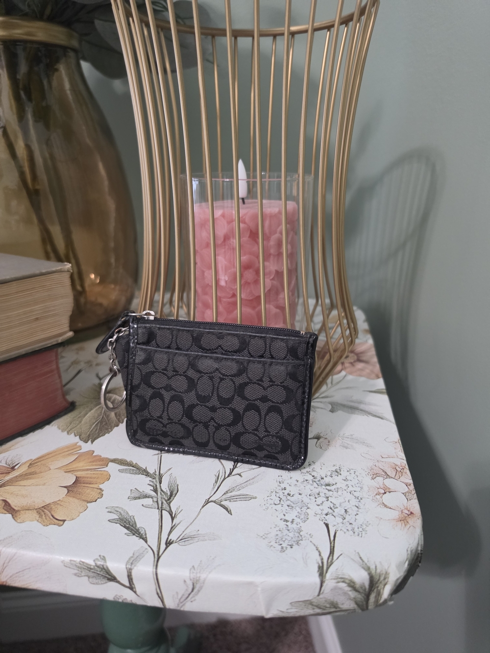 Coach Black Signature Small Zip Card Case with Key Ring